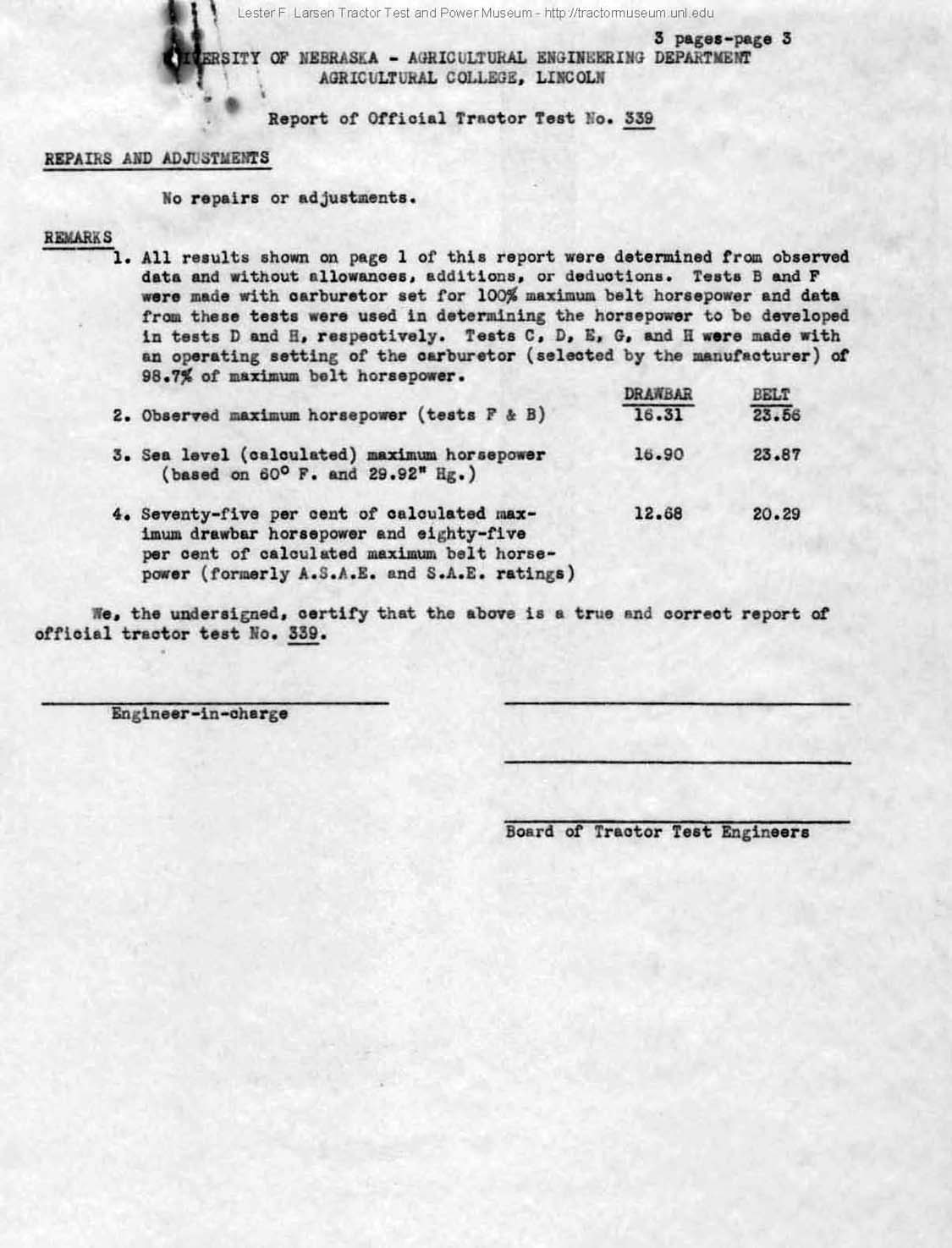 1940 Belt and Drawbar Horsepower test results